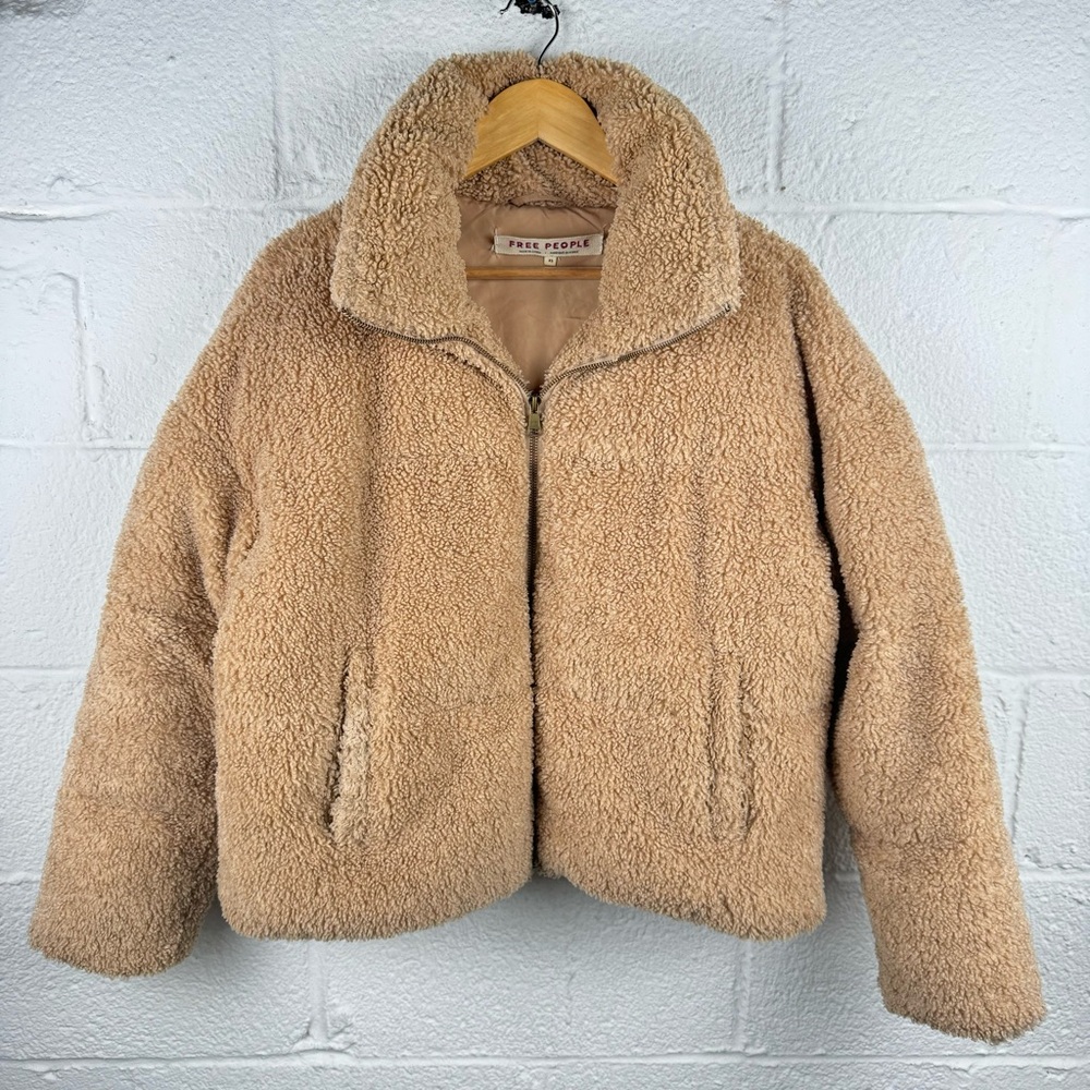 Free People Teddy Faux Shearling Zip Jacket – XS – Camel Beige